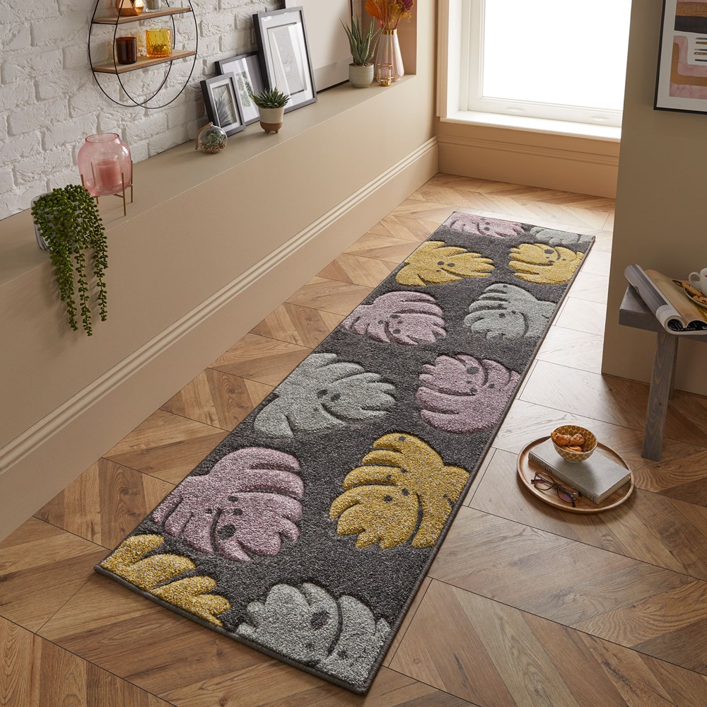 Portland 7155 D Carved Leaf Runner Rugs in Charcoal Grey Yellow Green Pink